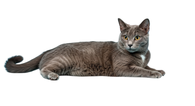 A gray cat lying down with its paws extended looking directly at the camera on a black background