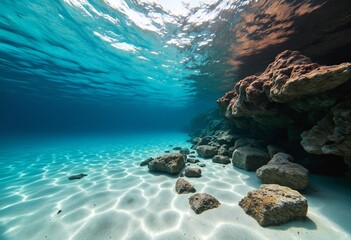 Underwater Tranquility Clear Turquoise Sea with White Sandy Seabed and Scattered Rocks Bathed in Sunlight