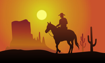 Silhouette of a cowboy riding a horse in the afternoon nature
