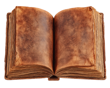 Old book with worn brown pages open on transparency background, evoking sense of history and mystery in this vintage object - Powered by Adobe