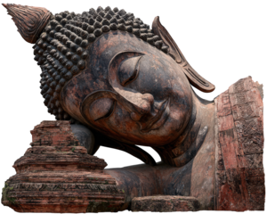 Large ancient reclining Buddha statue made of weathered stone and brick, showing detailed facial features and textured hair, symbolizing peace and spirituality