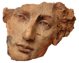 Ancient broken terracotta face sculpture with detailed eyes and lips, showing weathered texture and cracks, isolated on transparency background with artistic expression