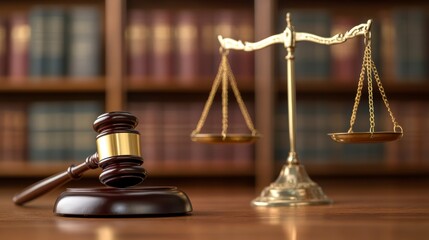 Gavel and scales of justice on wooden desk, bookshelves in background.