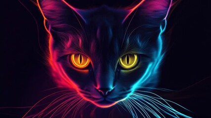 Vibrant Neon Cat Portrait with Intense Gaze and Striking Light Effects, mesmerizing artwork