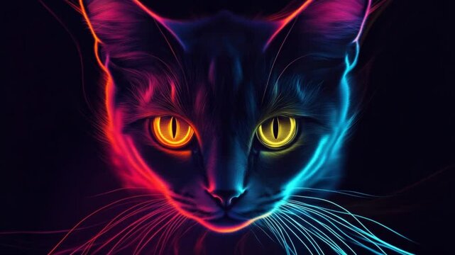Vibrant Neon Cat Portrait with Intense Gaze and Striking Light Effects, mesmerizing artwork