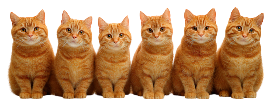 Six orange tabby cats sitting in row looking forward with attentive expressions, isolated on transparency background, showing their striped fur and bright eyes
