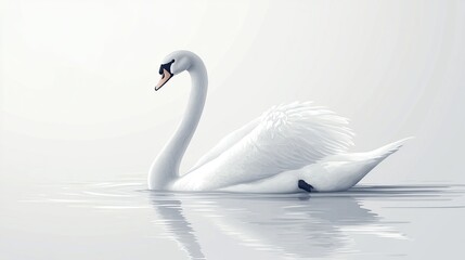 A serene white swan gracefully floats on calm, pale water, its reflection mirrored below, set against a soft, bright background.  Feathers appear smooth and pristine