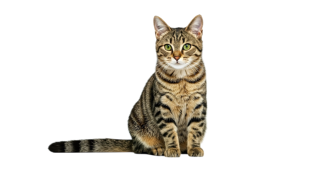 A tabby cat sitting upright with green eyes looking directly at the camera on a black background