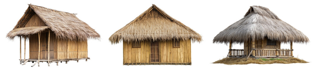 Set of a traditional bamboo hut with thatched roof, isolated on a transparent background.