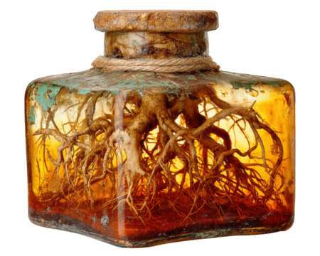 Old glass jar with roots inside, rustic container with natural plant roots preserved in amber liquid, vintage botanical display with earthy tones and textured surface