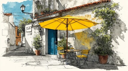 Charming outdoor caf&eacute; illustration near Amalfi Coast with white walls, terracotta roof tiles, yellow umbrella shading a cozy round table for two, bright sunlight, detailed ink pen and watercolor style