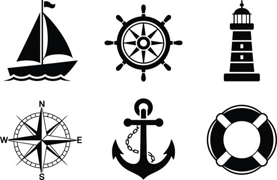 Nautical Icons Set Sailboat Ship Wheel Lighthouse Compass Rose Anchor and Lifebuoy