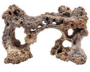 Porous natural rock formation with irregular holes and rough texture, isolated on transparency background, showcasing organic and weathered appearance with earthy brown and gray tones