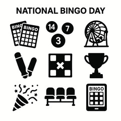 Black silhouette icon set for National Bingo Day. Includes solid black icons of bingo cards, numbered balls, bingo cage (shaker), daubers (markers), winning patterns, prize trophies, celebratory confe