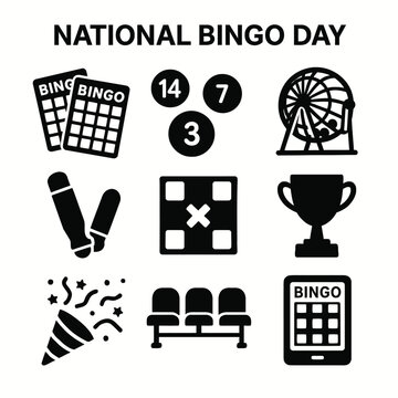 Black silhouette icon set for National Bingo Day. Includes solid black icons of bingo cards, numbered balls, bingo cage (shaker), daubers (markers), winning patterns, prize trophies, celebratory confe