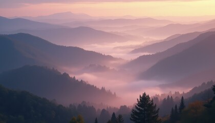 Obraz premium Majestic sunrise over foggy mountains and serene trees