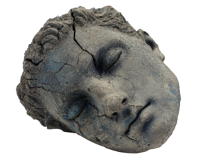 Cracked broken statue head with closed eyes and textured surface isolated on transparency background, showing aged and weathered stone sculpture with detailed hair and facial features