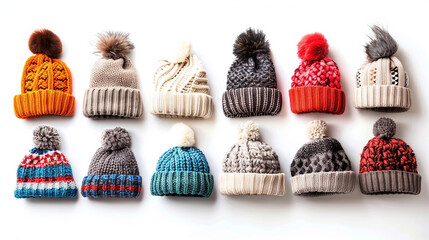 Assorted Patterns of Cozy Beanies and Knit Hats on white background.PNG