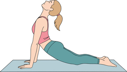 Woman doing cobra yoga pose on mat, fitness exercise, healthy lifestyle, stretching workout, home yoga session, flexibility training, wellness illustration, vector drawing