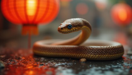 Fototapeta premium Coiled snake posing near illuminated paper lanterns at night