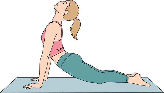 Woman doing cobra yoga pose on mat, fitness exercise, healthy lifestyle, stretching workout, home yoga session, flexibility training, wellness illustration, vector drawing