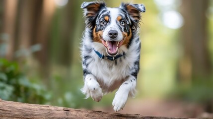 Australian shepherd dog jumping over log in forest