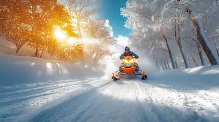 Snowmobile adventure in a snowy forest