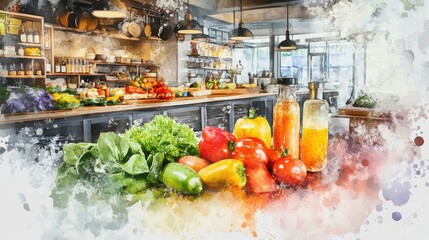Colorful produce display with glass bottles in cafe during daytime