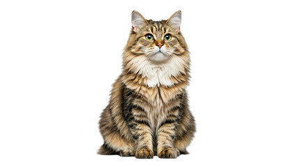A fluffy brown tabby cat with green eyes sitting upright on a black background looking forward