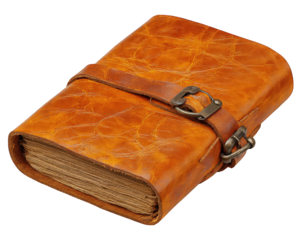 Vintage leather journal with buckle strap and aged paper pages, isolated on transparency background, evoking nostalgic and classic feel for writing or sketching