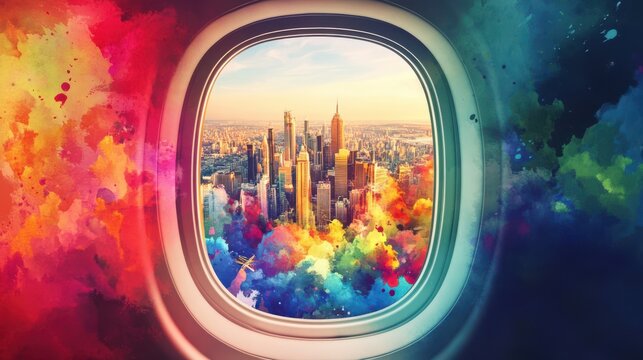 Aerial view of vibrant cityscape at sunset from airplane window - Powered by Adobe