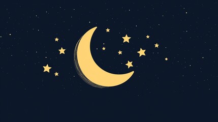 A pale yellow crescent moon, subtly textured, shines against a dark blue night sky scattered with small, twinkling stars