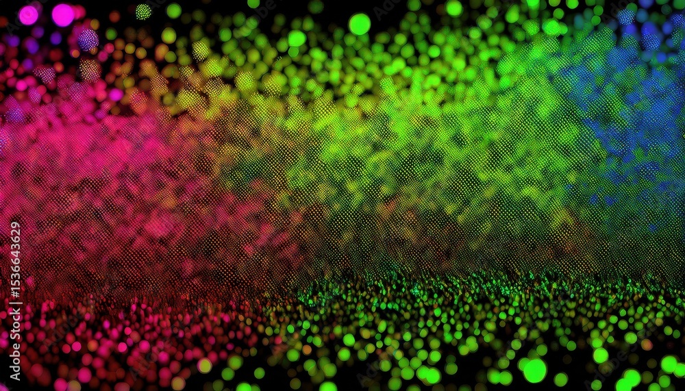 Poster vibrant rainbow bokeh pattern on black background with glowing neon dots in gradient flow, perfect f