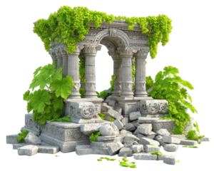 Ancient stone ruin with detailed columns and arch partially covered by lush green grapevine leaves and clusters, surrounded by scattered broken stones and vibrant foliage, evoking sense of history