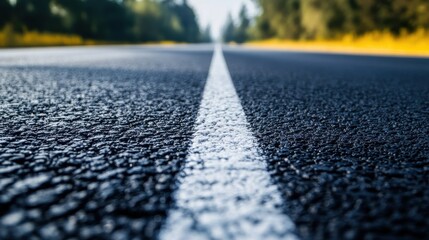 Serene asphalt road with white line in peaceful forest