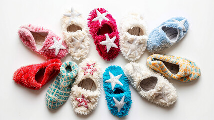 Assorted Patterns of Cozy Fuzzy Slippers on white background.PNG