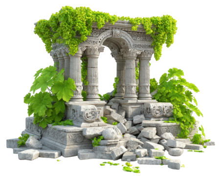Ancient stone ruin with detailed columns and arch partially covered by lush green grapevine leaves and clusters, surrounded by scattered broken stones and vibrant foliage, evoking sense of history
