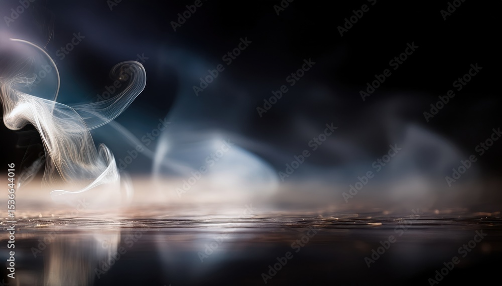 Poster ethereal white smoke swirl rising over dark moody surface with soft reflections and blurred gradient