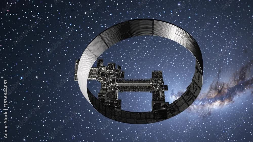 Poster stanford torus space station rotating to produce artificial gravity, with a starry sky and the milky
