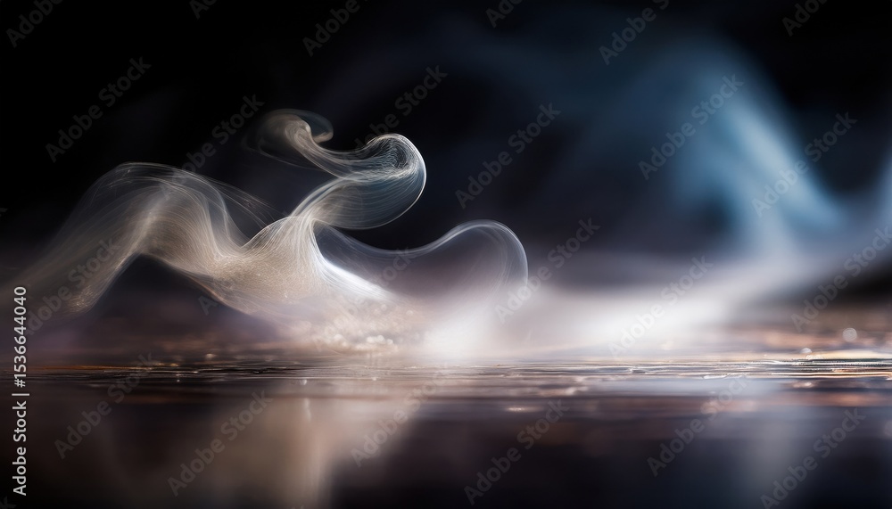 Poster ethereal white smoke swirl rising over dark moody surface with soft reflections and blurred gradient
