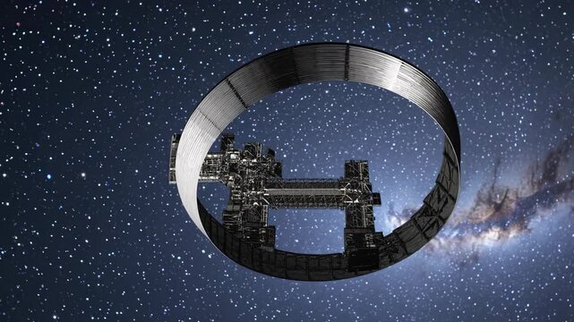 Stanford torus space station rotating to produce artificial gravity, with a starry sky and the milky way in the background, concept of space colonization and future technologies