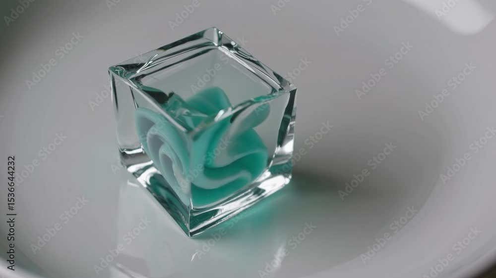 Poster turquoise abstract sculpture submerged in water inside a glass cube resting on a white plate, creati