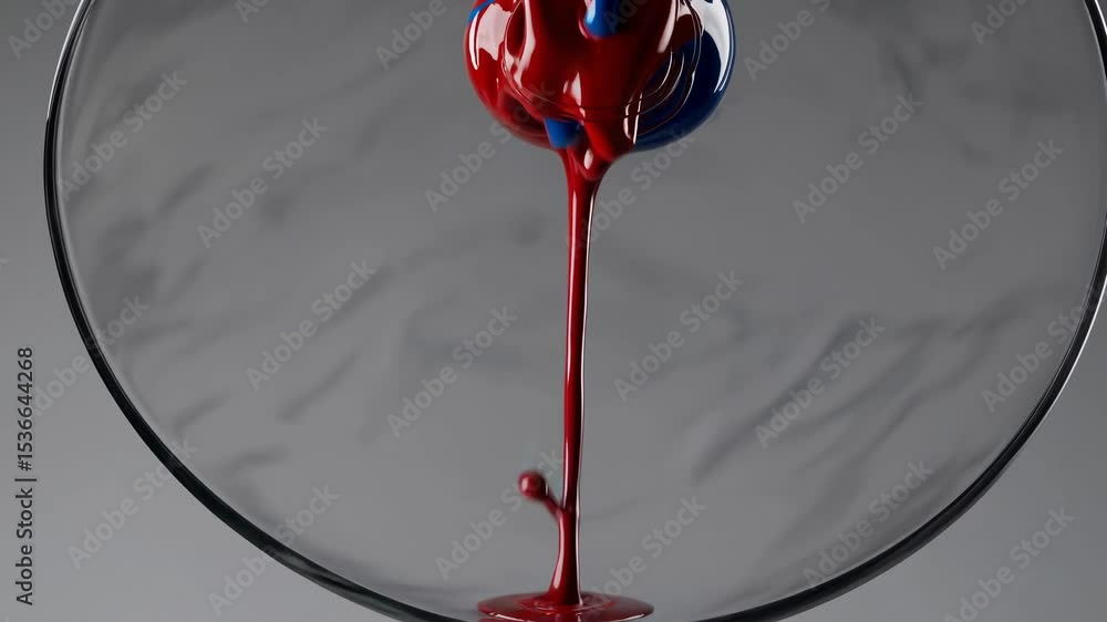 Poster streams of blue and yellow paint mix as they flow down towards a glass surface, creating a vibrant a