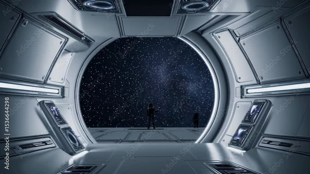 Poster two astronauts are standing by a large window inside a spaceship, gazing at the milky way galaxy, su