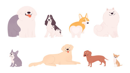 Cartoon dog characters. Different dogs, various breed. Isolated funny pets, french bulldog, corgi, retriever, dachshund. Adorable puppy vector clipart