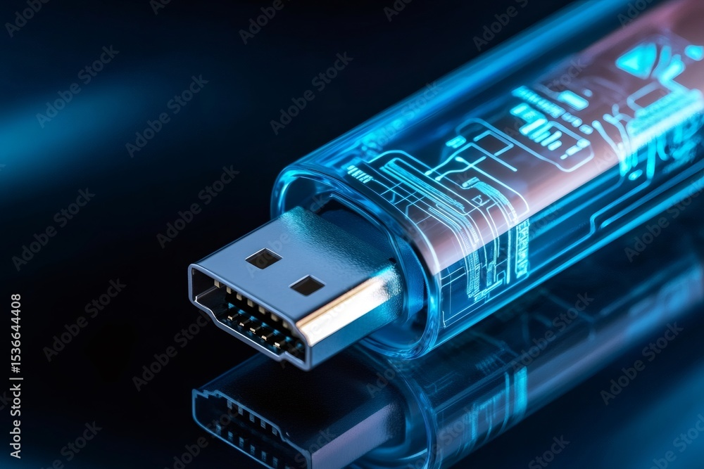 Poster Futuristic usb flash drive showing circuitry glowing on dark background