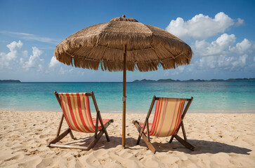 Two Beach Chairs and Parasol Set on Sandy Shore by the Ocean