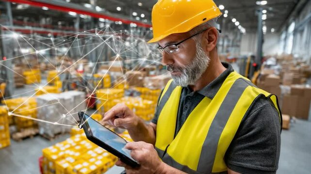 Warehouse Operation Manager: A seasoned warehouse operation manager with a hard hat and safety vest, meticulously using a tablet to oversee operations.