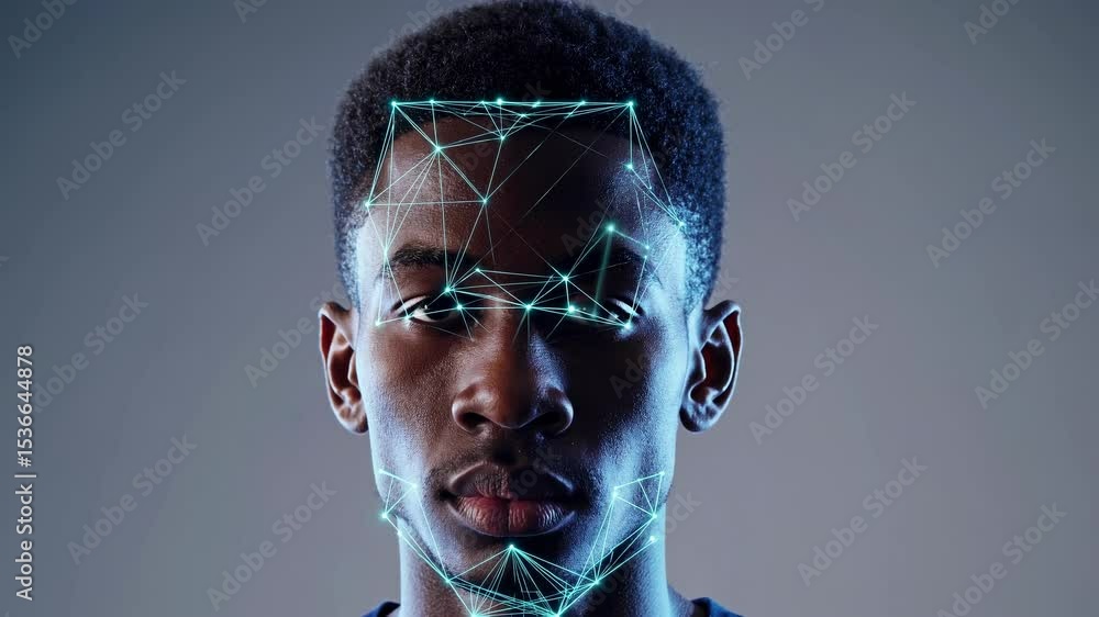 Poster futuristic facial recognition system scanning and identifying a young man using biometric scanning t