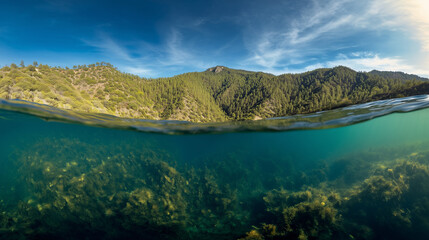 Fototapeta premium an underwater shot looking at the surface of the ocean in baja californi